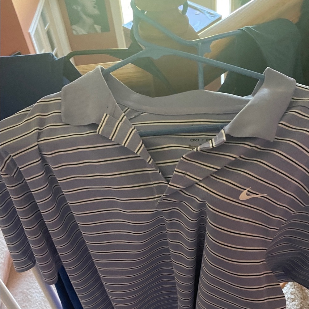 Nike Gray and White Striped Polo Shirt